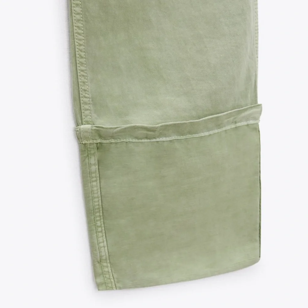 Zara Green Linen Blend Turned Up Cuff Pants